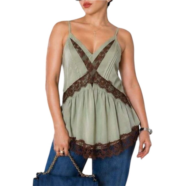 BLUSA VERDE ENCAJE CAFE
