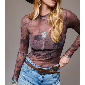 BLUSA MESH ELASTANO CABALLOS CAFE