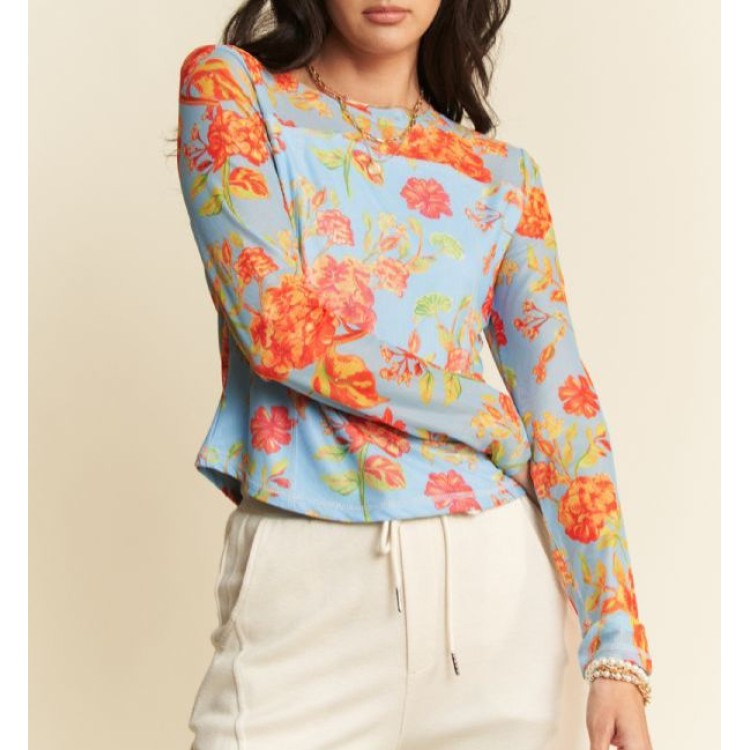BLUSA MESH AZUL FLORES NARANJA