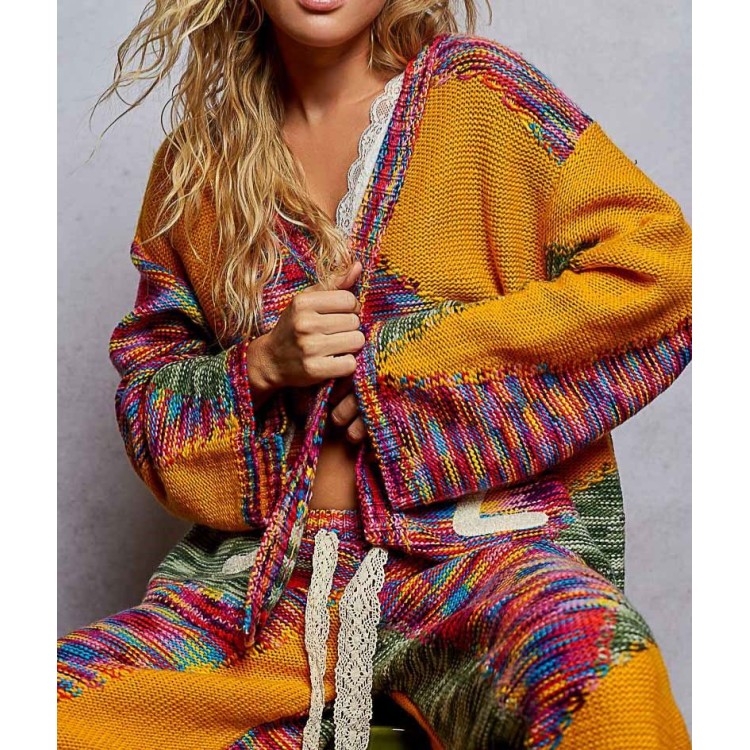 CARDIGAN PUNTO COLORES MOSTAZA