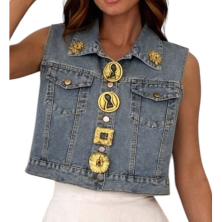 CHALECO DENIM BOTONES DORADO