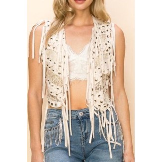 CHALECO OJILLOS METAL ENCAJE BEIGE