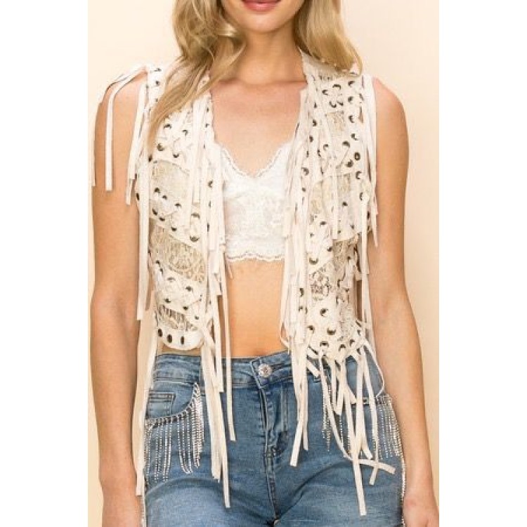 CHALECO OJILLOS METAL ENCAJE BEIGE