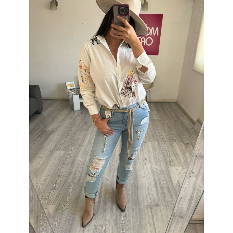 JEANS DENIM TIRAS CRISTAL 