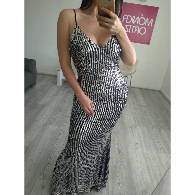 LONGDRESS LENTEJUELA PLATA NEGRO 