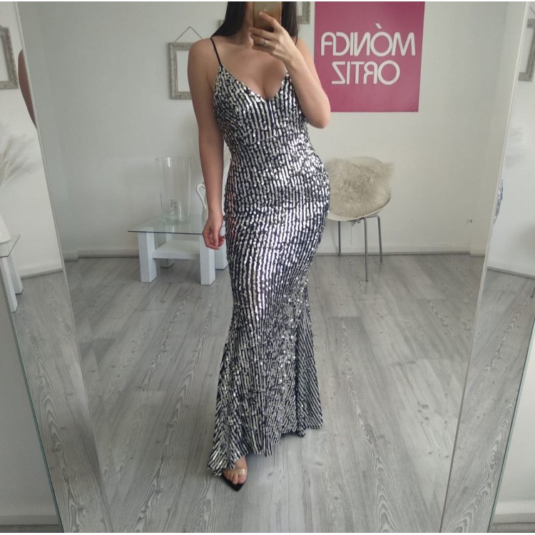 LONGDRESS LENTEJUELA PLATA NEGRO 