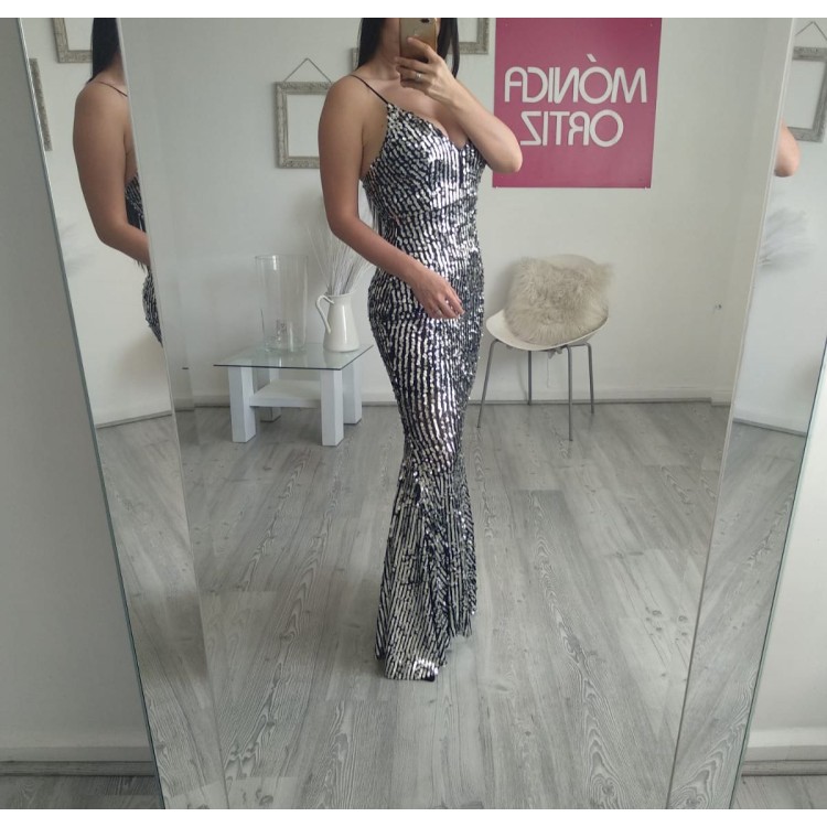 LONGDRESS LENTEJUELA PLATA NEGRO 