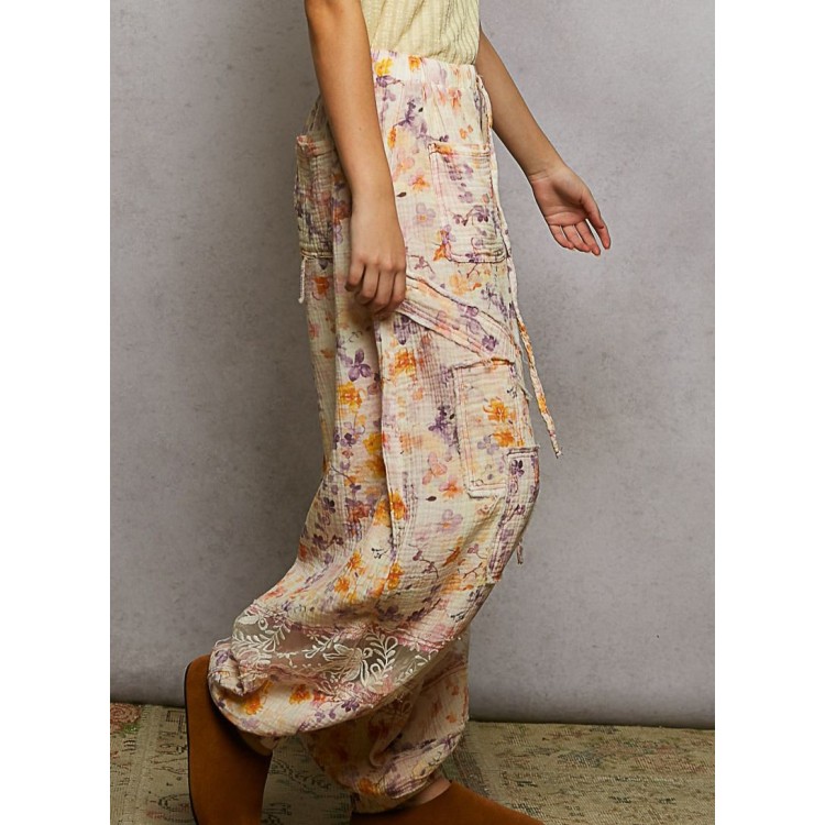 PANTALON NARANJA  LILA FLORAL