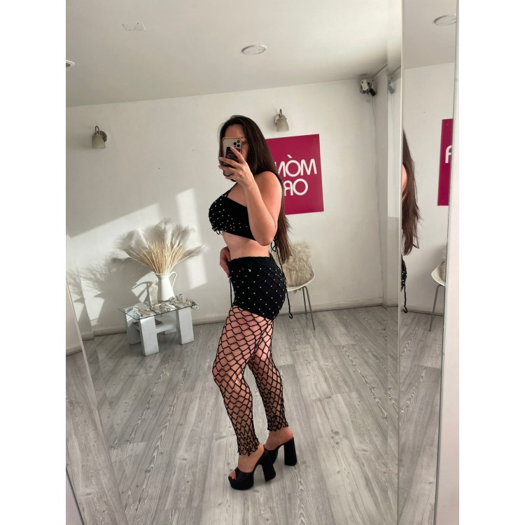 SET TEJIDO CON BOLITAS ORO NEGRO