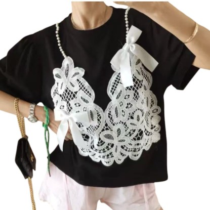 TSHIRT NEGRA LENCERO ENCAJE PERLAS