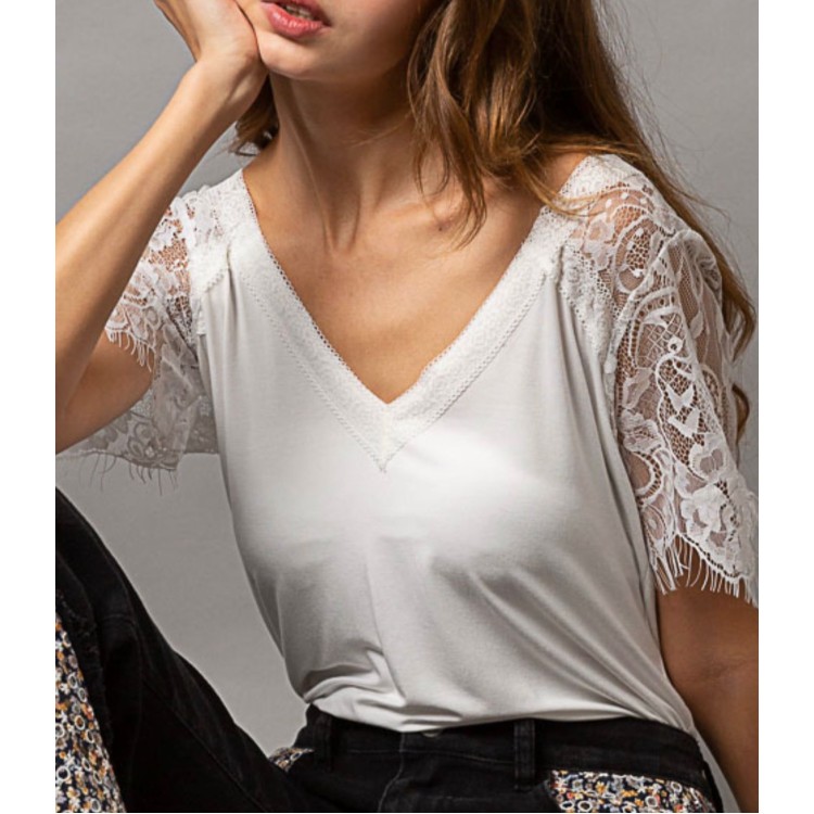 TSHIRT MANGA ENCAJE IVORY 