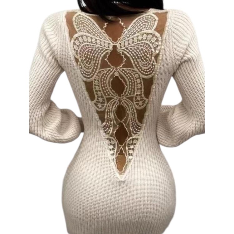 VESTIDO 3/4 PUNTO BEIGE ESPALDA
