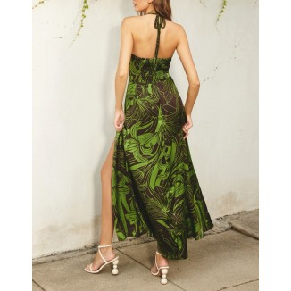 VESTIDO LARGO HALTER CAFE HOJAS