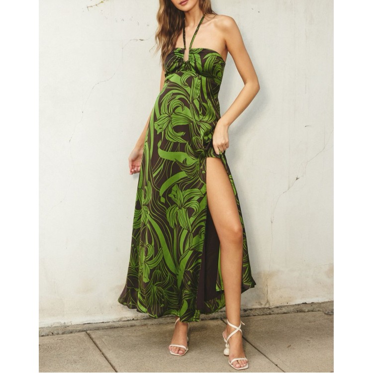 VESTIDO LARGO HALTER CAFE HOJAS
