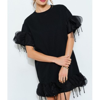 VESTIDO CORTO NEGRO CRISTAL PETALOS