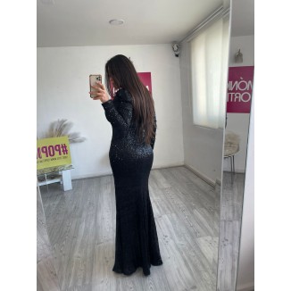 VESTIDO LARGO MANGA LENTEJ NEGRO 