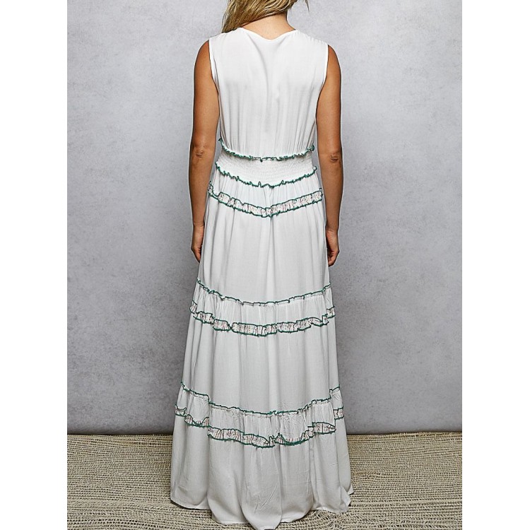 VESTIDO LARGO BORDAZA BLANCO AZUL