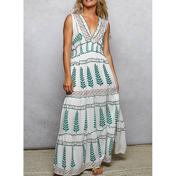 VESTIDO LARGO BORDAZA BLANCO AZUL