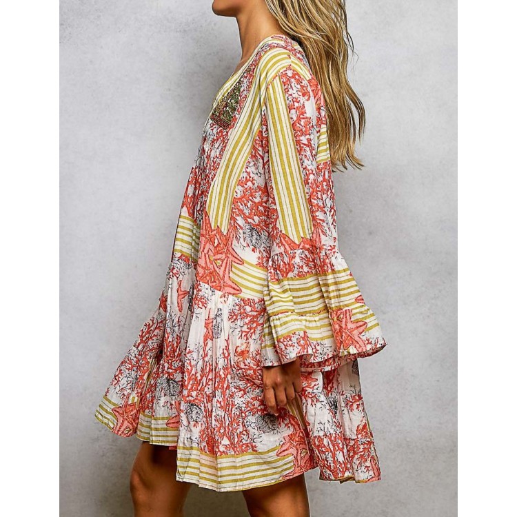 VESTIDO CORTO BEIGE/ROJO