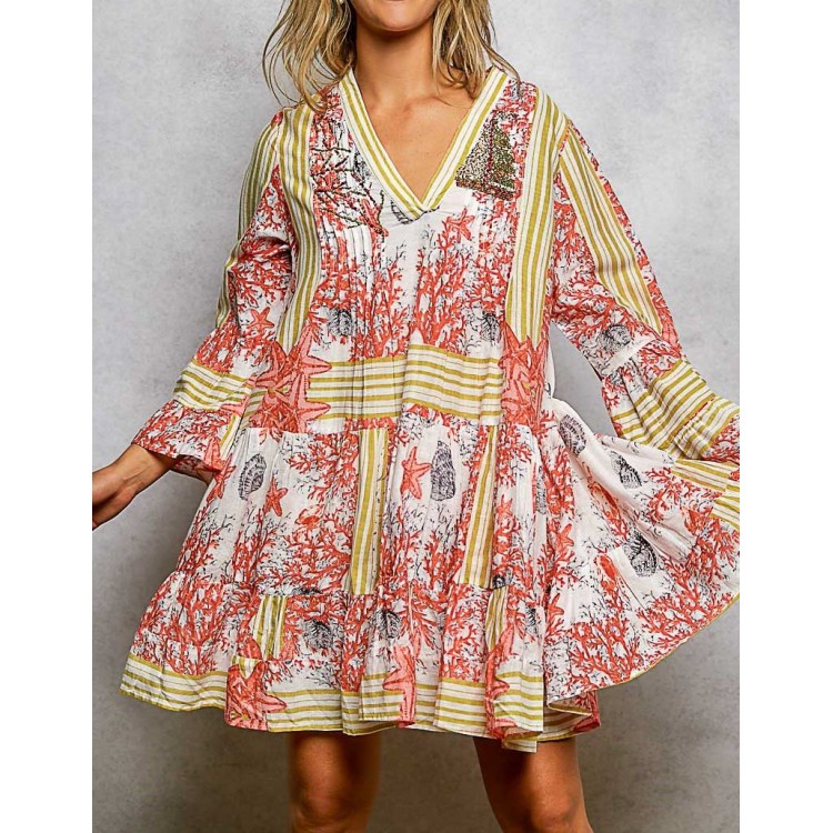 VESTIDO CORTO BEIGE/ROJO