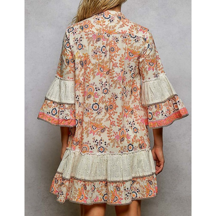 VESTIDO NARANJA CORTO FLORES